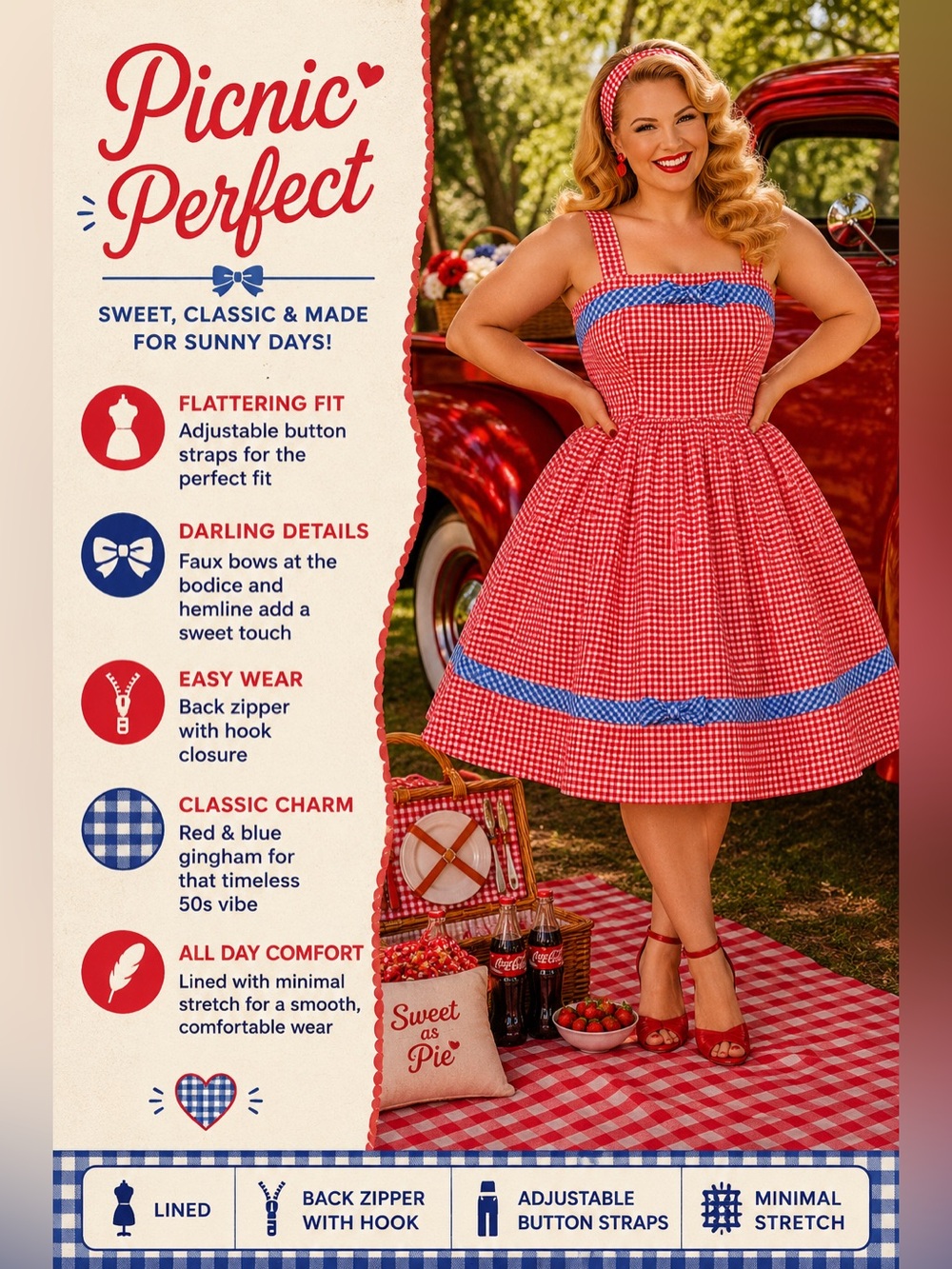 Unique Vintage 1960s Movie Date Red & Blue Gingham Swing Dress, XL, NWT! - Picture 13 of 16